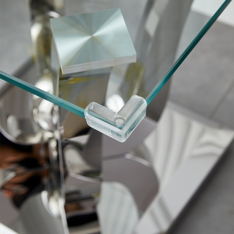Glass Top End Table With Mirror Finish Stainless Steel Base, Silver
