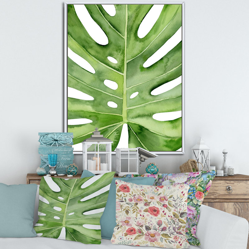«Monstera Leaf Tropical Palm», reproduction botanique sur toile flottante, H 32 po x l 24 po x P 1 po, Cadre blanc