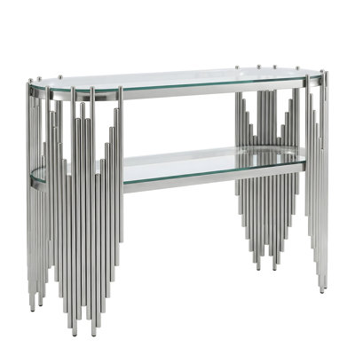 Console de luxe argentée avec tablettes en verre trempé à 2 niveaux, table d'entrée ovale moderne pour le couloir et le salon, structure en acier inoxydable poli, 47 po x 15,7 po x 31,5 po