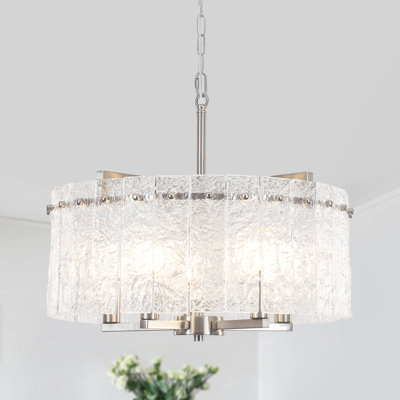 Lustre tambour moderne à 5 lumières de 47,5 cm (18,7 po) en nickel, à intensité variable, avec abat-jour en verre à effet ondulé.