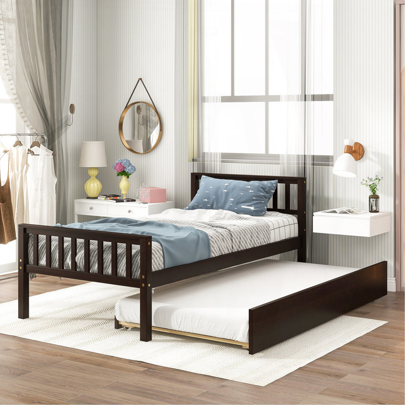 Lit simple avec lit gigogne, cadre de lit plateforme avec tête de lit et pied de lit, pour un petit espace de vie dans la chambre à coucher, aucun sommier nécessaire, espresso