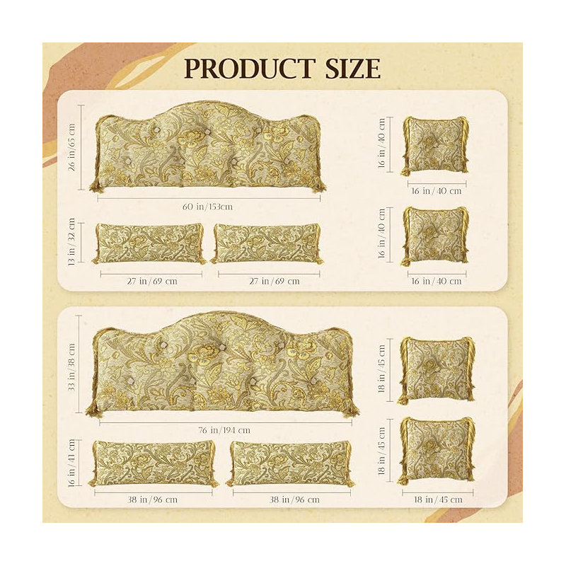 Sit-up Back Comfort Upholstered Button Tufted Headboard Set 5-Piece Chenille Luxury Printed Wall Panels Lumbar Backrest Support Bed Pillow Headboards with 4 Tassels Decorative Throw Pillows Compression