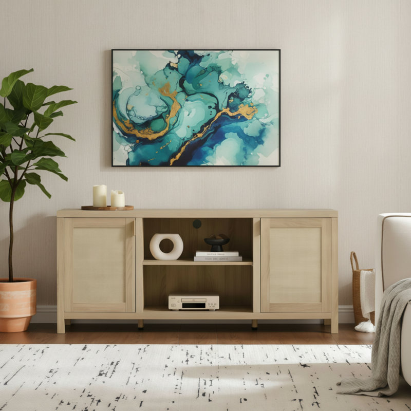 59-Inch Bohemian-Style Rattan TV Stand | 26 Inches High, Light Oak Color, Adjustable Shelves + Storage