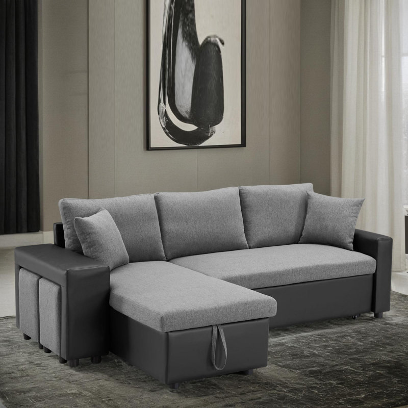 92.5" Reversible Sleeper Sectional Sofa with Storage & 2 Stools