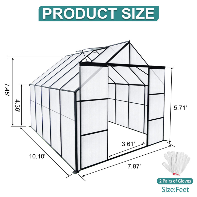 Serre noire de 8 pi x 10 pi avec circulation d'air efficace en panneau de polycarbonate, H 7,5 pi x l 8 pi x P 10,2 pi