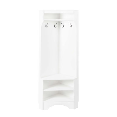 Minimalist Corner Hall Tree with Shoe Bench, Adjustable Shelf, Four Hooks, and Top Storage for Efficient Entryway Organization.