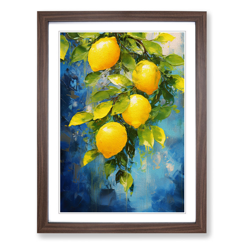 XYZ-FRM-V1223-4147 Lemon Fruit Impressionism No.3 1 Piece Single Picture Frame Wall Art, 34cm H x 25cm W x 2cm D, Walnut