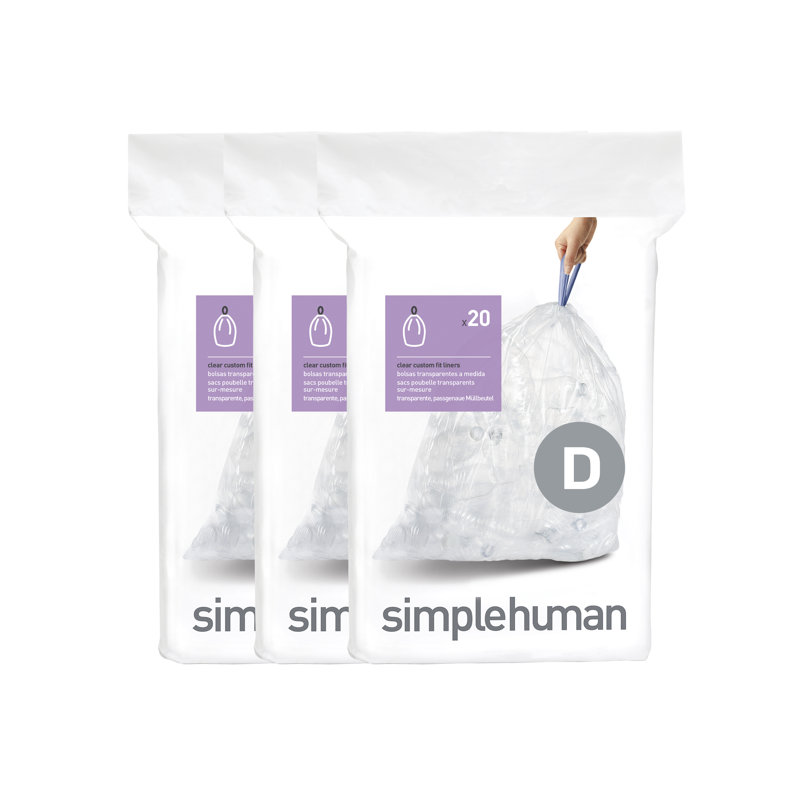 Simplehuman Code D Liners, Pack Of 60 Liners, 50% Recycled Custom Fit Bin Bags, 20L