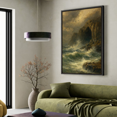 Impression sur toile encadrée - Grandes vagues se brisant contre les rochers, impressions murales pour chambre à coucher - 16 po x 24 po
