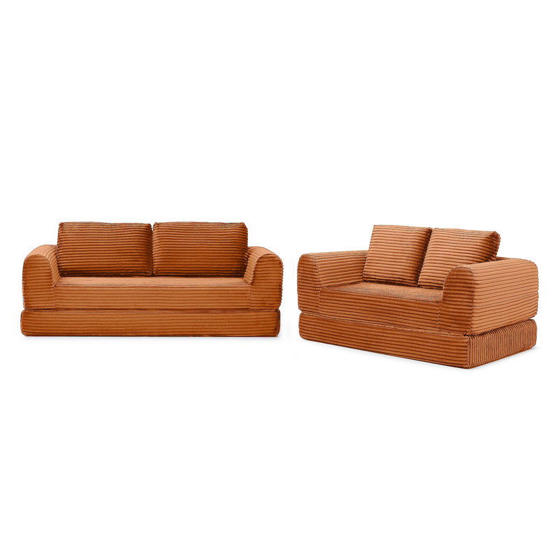 Canapé-lit pliant convertible 2-en-1, canapé-lit en velours côtelé moderne avec 2 * oreillers, ensemble de canapé modulaire rembourré et désossé avec lit escamotable Futon, canapé modulaire pliable pour le salon orange