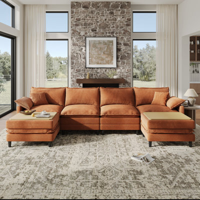 143.7'' Comfy  U Shaped Sectional Modular Deep Cloud 4-Piece Sofa with Two Ottoman- Premium Fabric