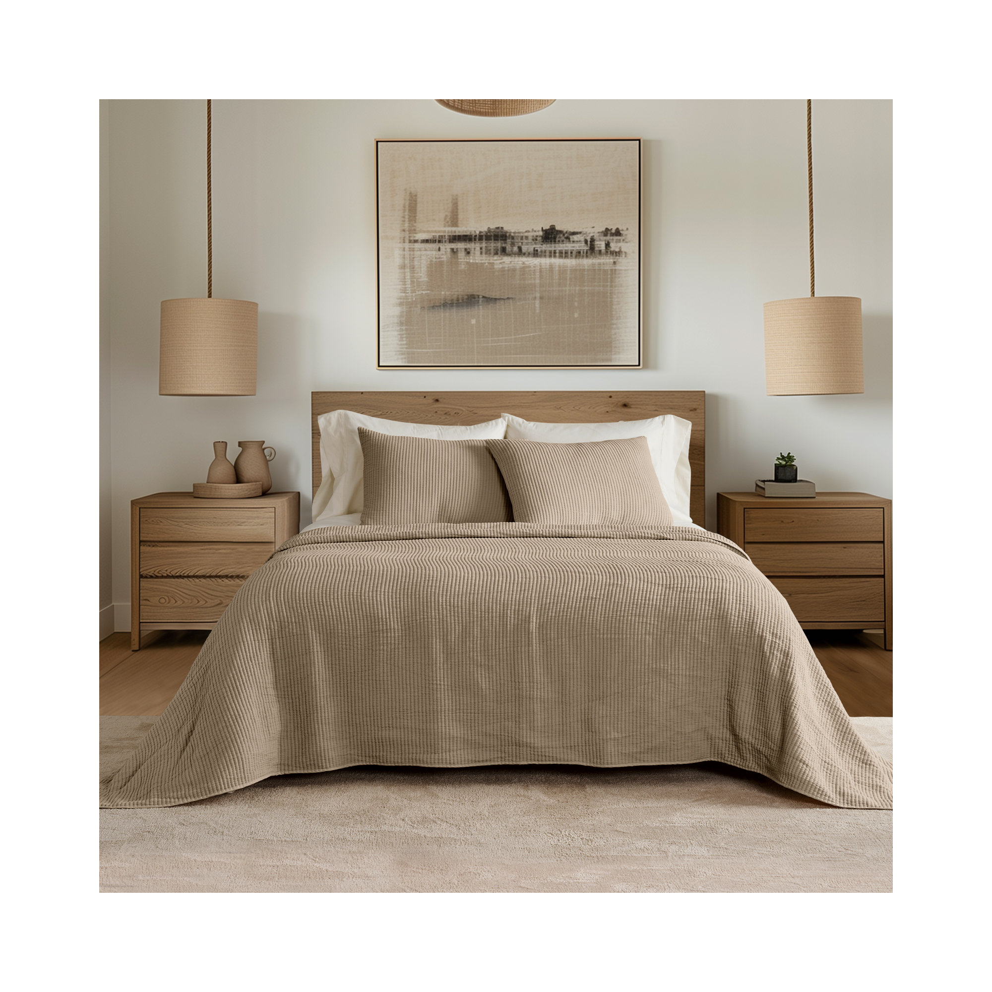 Ribbed Matelassé Cotton Coverlet Set, King Quilt + 2 King Shams, Urban Taupe