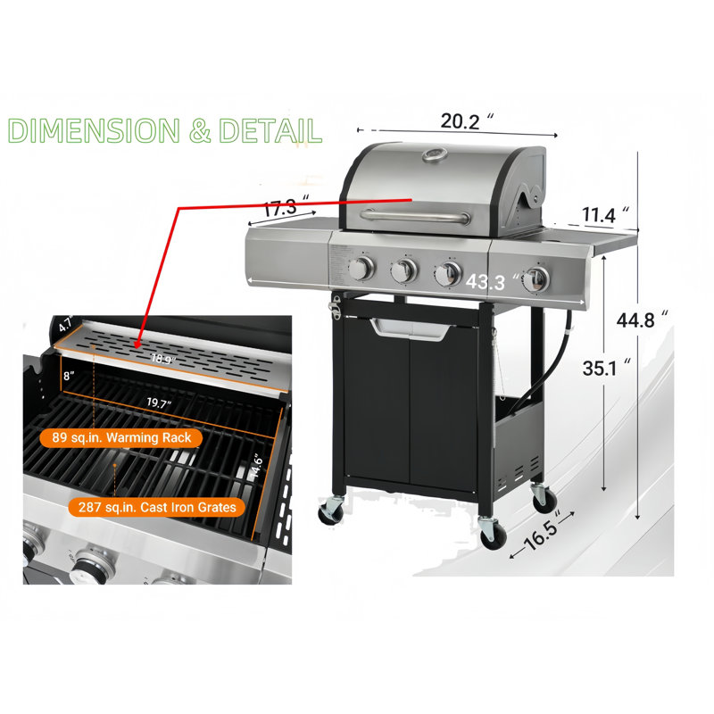 Barbecue au propane à 3 brûleurs avec brûleur latéral, couvercle, roues, Oui