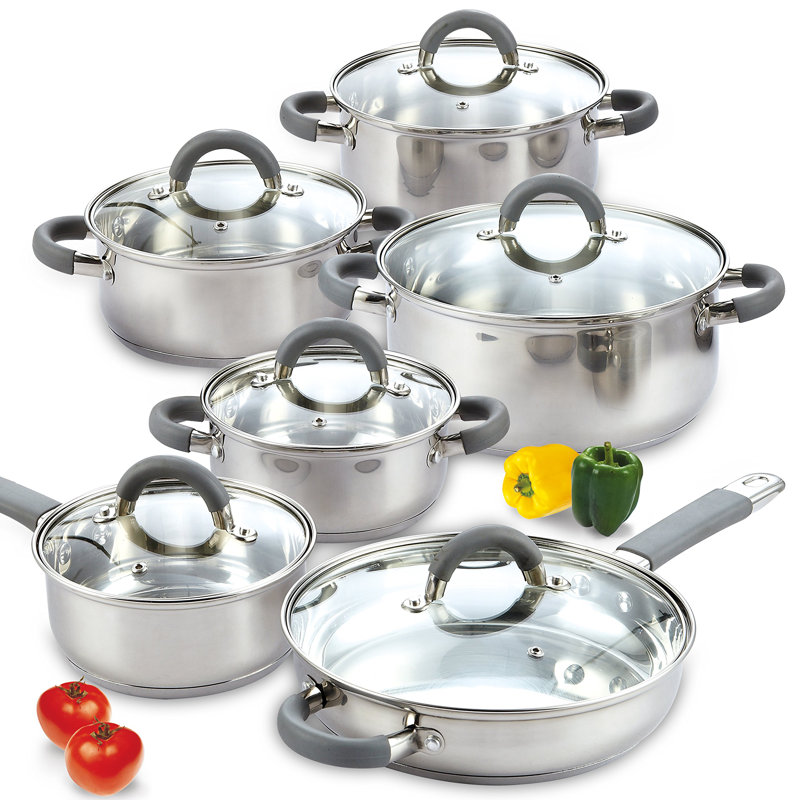Ensemble de batterie de cuisine, casseroles et poêles en acier inoxydable avec poignée Stay-Cool de Cook N Home Basics, compatible avec l'induction, va au lave-vaisselle et au four, 12 pièces