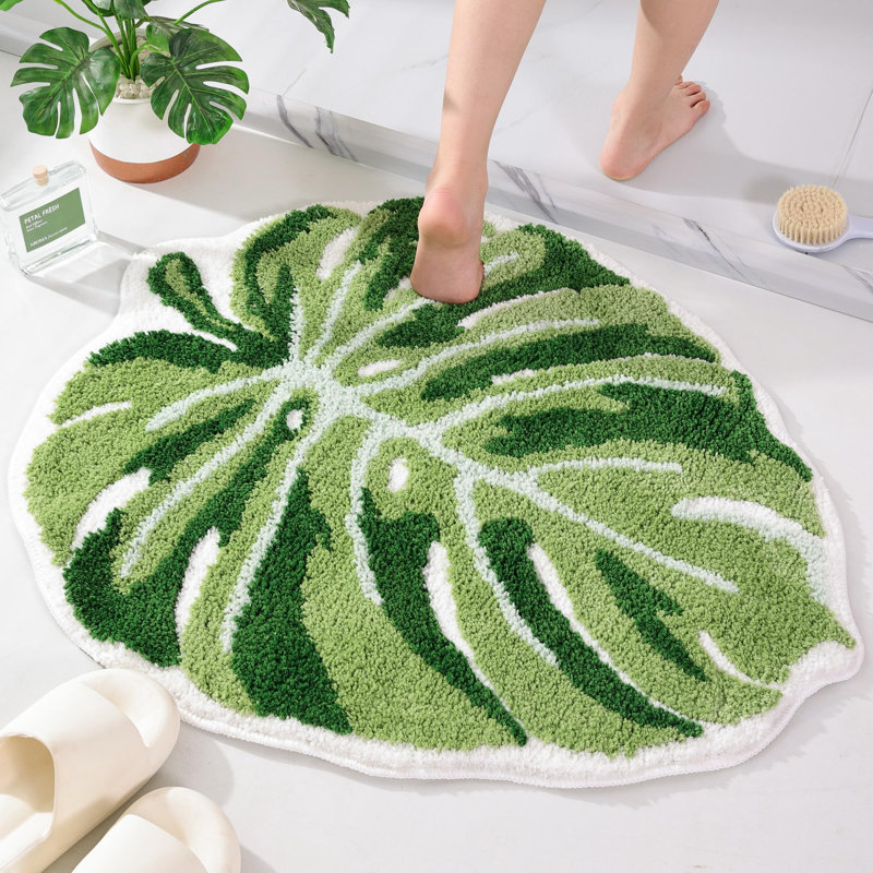  Large Monstera Leaf Bath Mat, Non Slip Green Plant Bathroom Rug, Absorbent Cute Palm Shaped Bathtub Rug Plush Shower Rugs (32"x26")