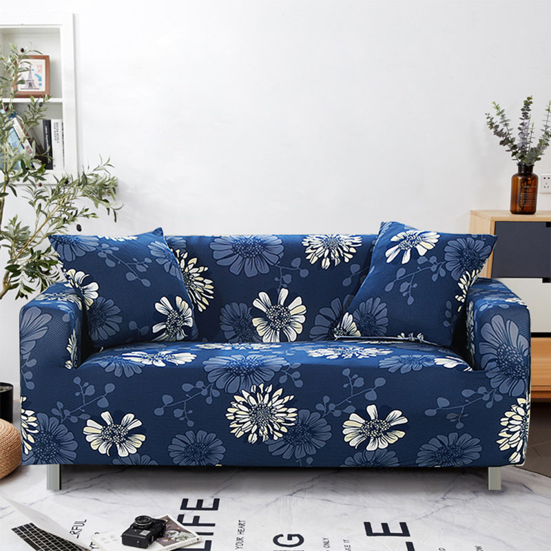 Housse pour canapé à coussins carrés/rectangulaires, Mélange de polyester à fleurs bleues, 75"-91"