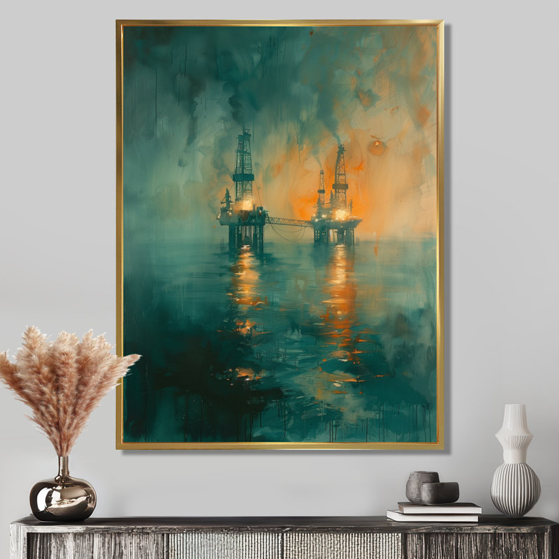 Barres de pétrole bleues et jaune dans le golfe du Mexique, Toile avec cadre flottant or, H 24 po x l 32 po x P 1 po