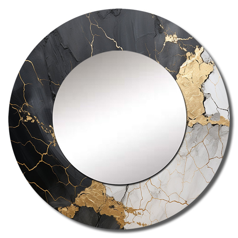 Black Gold Adorned Poteries III - Abstract Spirals Round Mirror Wall Decor_MTMIR107328, 23" x 23"