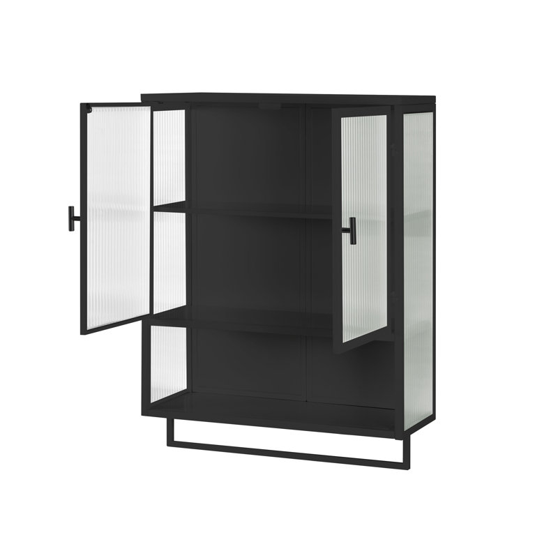 23.62"Glass Doors Modern Two-Door Wall Cabinet With Featuring Two-Tier Enclosed Storage, An Open Shelf, And Towel Rack, For Entryway Living Room Bathroom Dining Room