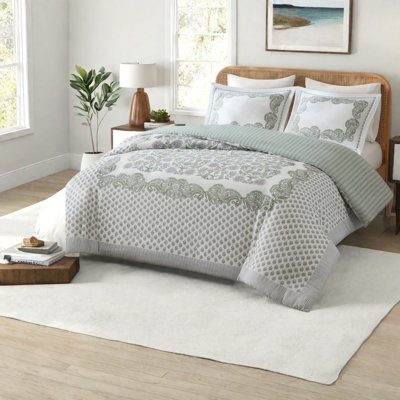 Green Floral Bedding Sets, Full Queen Cotton Blend Duvet Cover with Shams