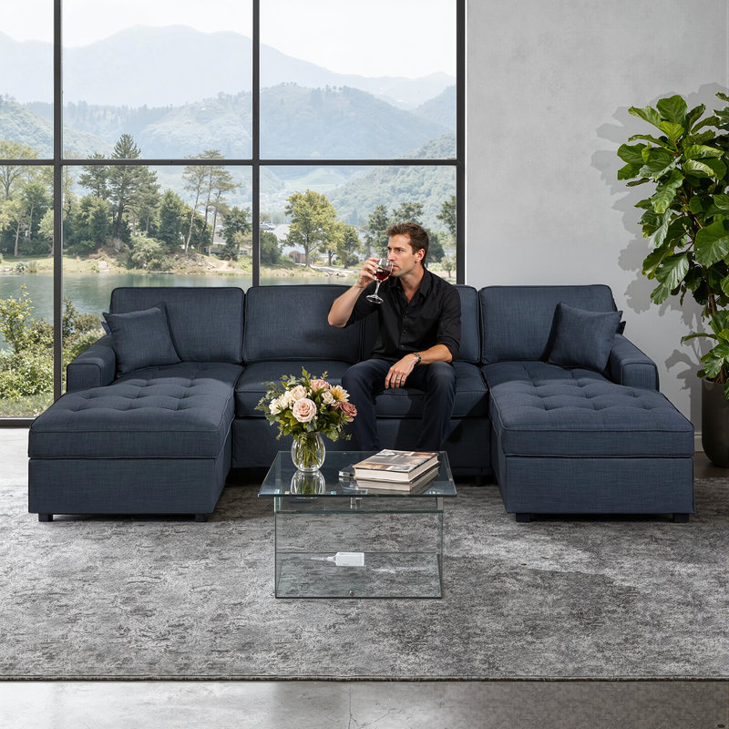 Canapé modulaire 3 pièces avec méridienne réversible et sans accoudoirs, Bleu très foncé