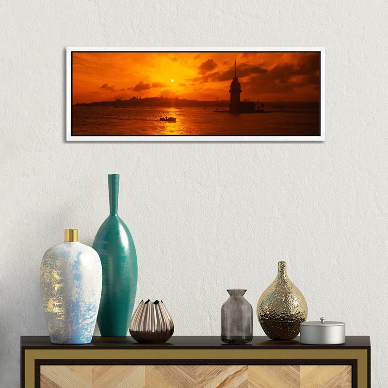 Sunset Over A River, Bosphorus, Istanbul, Turkey by Panoramic Images - Floater Frame Panoramic Gallery-Wrapped Canvas Giclée on Canvas