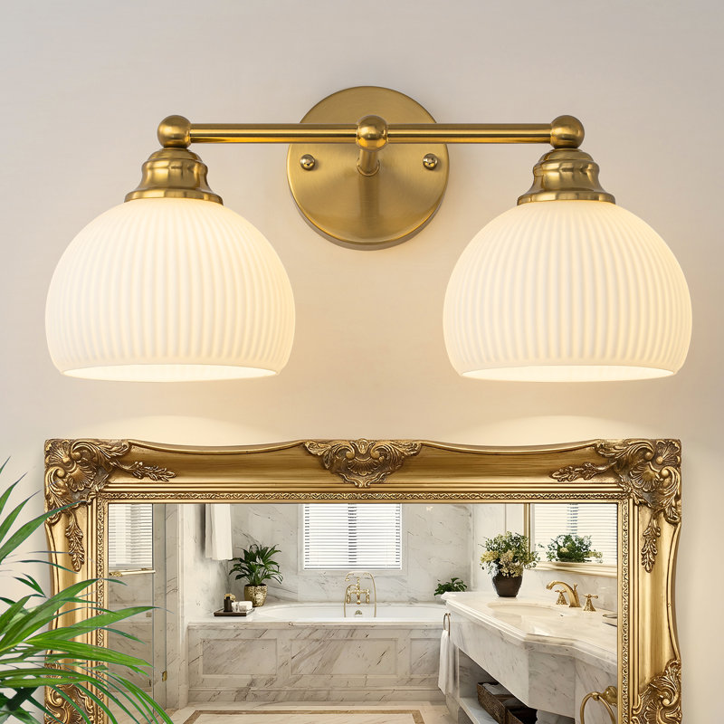 2-Light Opal Ribbed Glass Vanity Light Dimmable Bath Bar, Gold