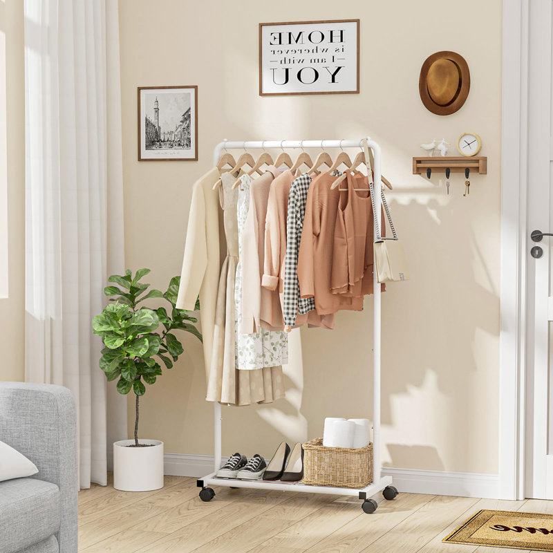 Portant à vêtements en métal avec tablette en filet et roulettes, Blanc