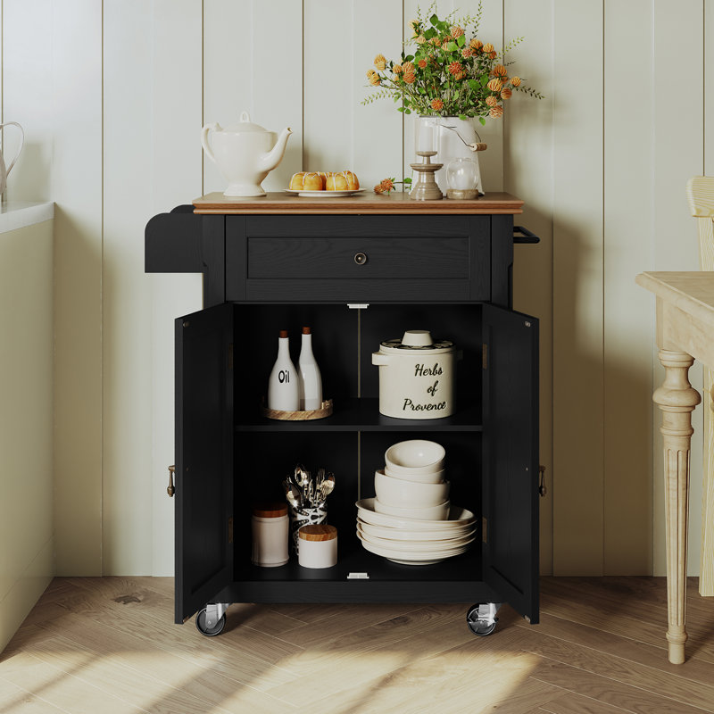 Rolling Kitchen Island with Storage Drawer, Portable Kitchen Cart on Wheels with Solid Wood Veneer, Black
