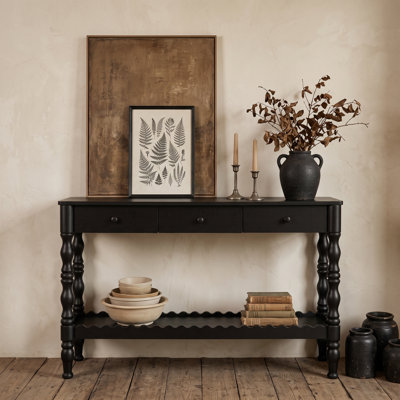 Console en bois massif de 120 cm avec 3 tiroirs, style vintage noir, idéale pour l'entrée et le salon.