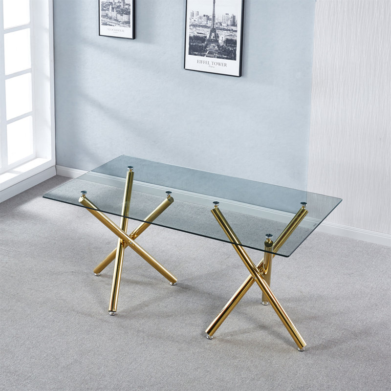 Table de salle à manger rectangulaire en verre trempé avec base double en acier inoxydable, design d'intérieur de salle à manger moderne, pour 6 personnes