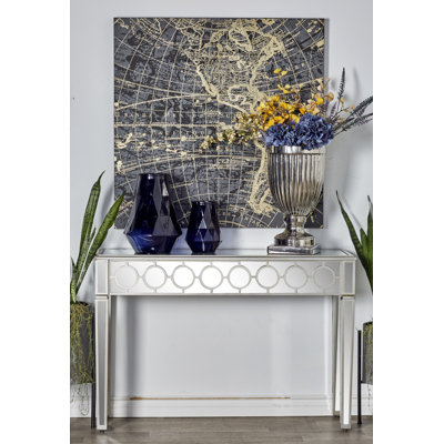 Skyler Glass Mirrored Geometric Silver Console Table with Circular Panel Inlay