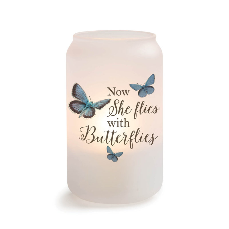 Maintenant, elle vole avec des papillons avec porte-bougie en verre givré commémoratif avec nom personnalisé et années pour présentation de couloir ou décoration de table, 13 oz 2,5 x 5