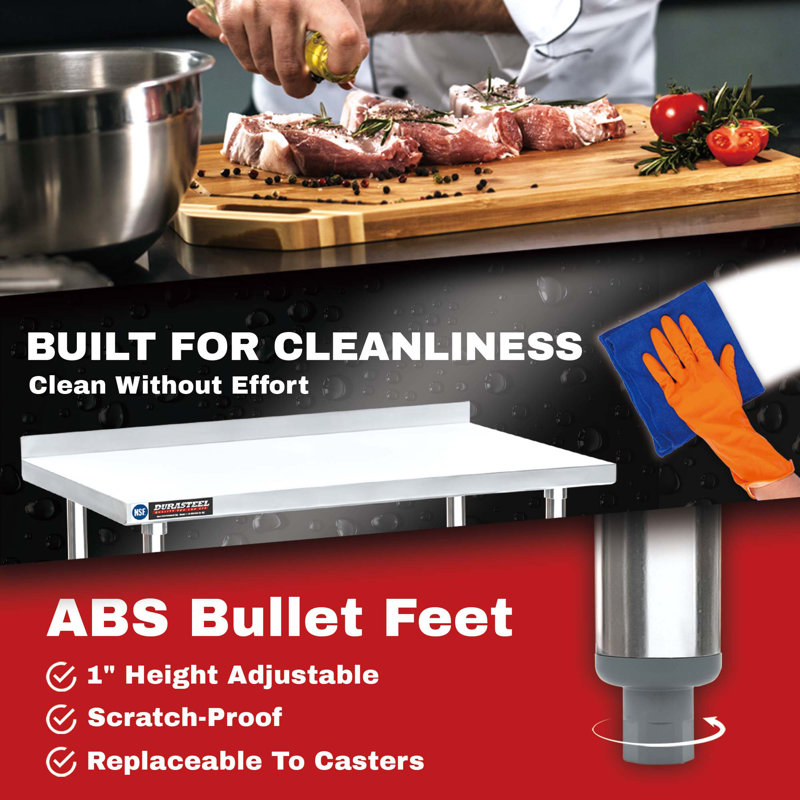 DuraSteel 30'' Stainless Steel Adjustable Work Table with Backsplash