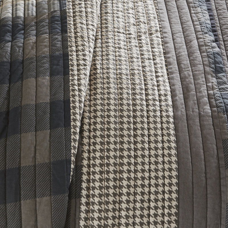 Full Brown Cotton Reversible Quilt Set with Plaid Stripes