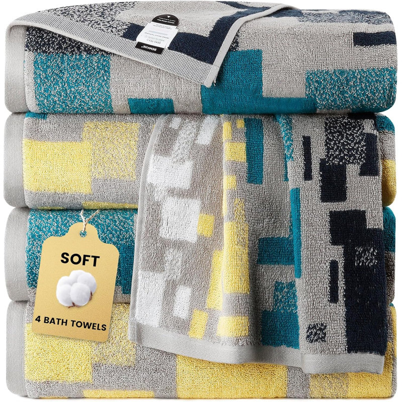 Bath Towel 55x28 Inch 100% Cotton, 4-Pack Extra Large Absorbent & Quick-Dry Towels, Soft for Shower, Pool, Beach and Guest Bathroom, Pattern Impression