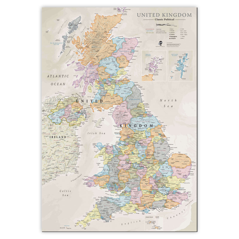 Medium UK Classic Wall Map - Wrapped Canvas Print, 121.9cm H x 81.3cm W x 5cm D