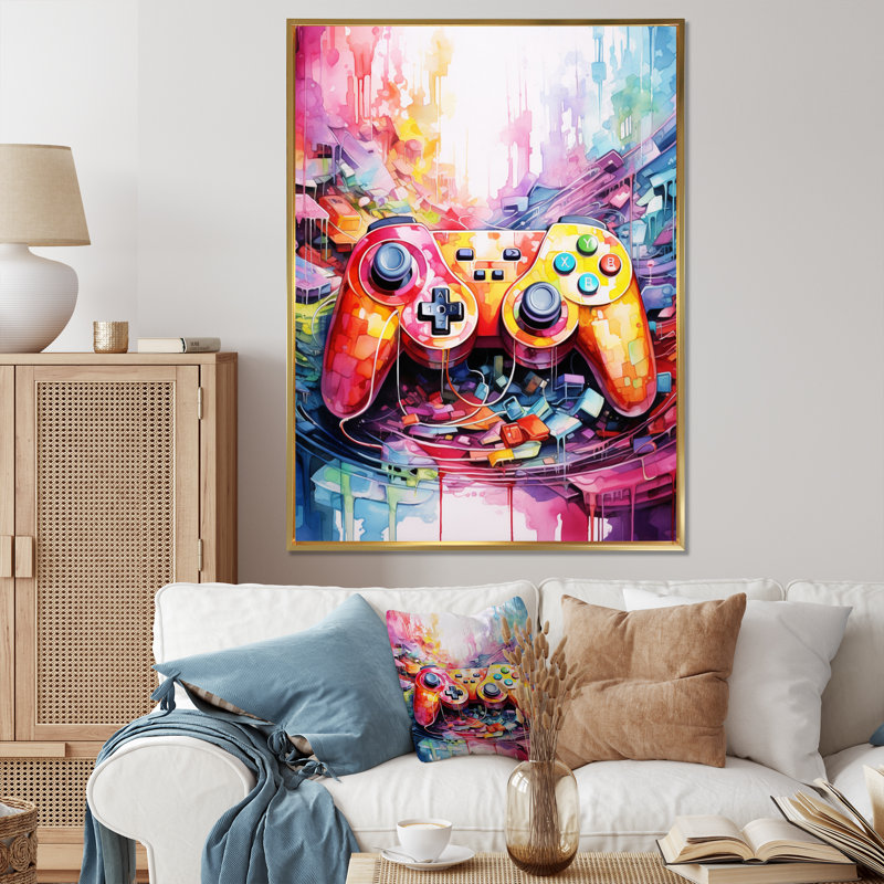 Jeu vidéo coloré Pixel Euphoria, Cadre flottant doré, H 32 po x l 24 po x P 1 po
