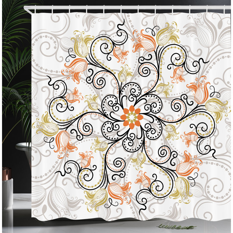 Ensemble de rideau de douche et crochets mandala, H 75 po x l 69 po, Vermillon, noir