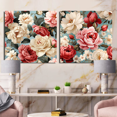 Motif floral rétro rose et blanc à motif floral - ensemble de 2 collages floraux carrés