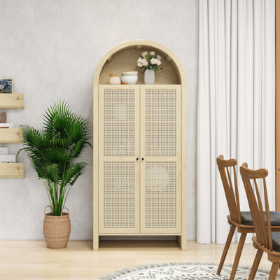 Tall Arched Kitchen Pantry with 2 Adjustable Shelves, Rattan Door, and Versatile Storage for Multiple Rooms