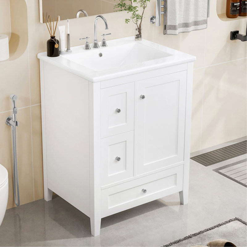 "Meuble-lavabo de 24 pouces avec rangement, tablette réglable, panneau de fibres à densité moyenne et bois d'hévéa, cloisons amovibles, finition blanc brillant"