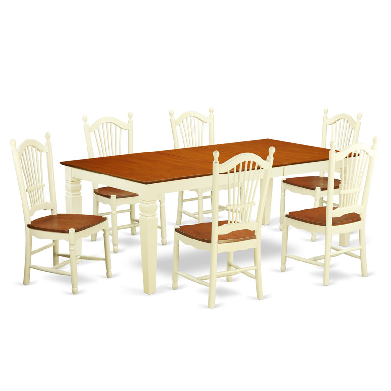 ensemble de salle à manger extensible en bois massif Beesley, Blanc lin, 7 pièces (1 table + 6 chaises) 
