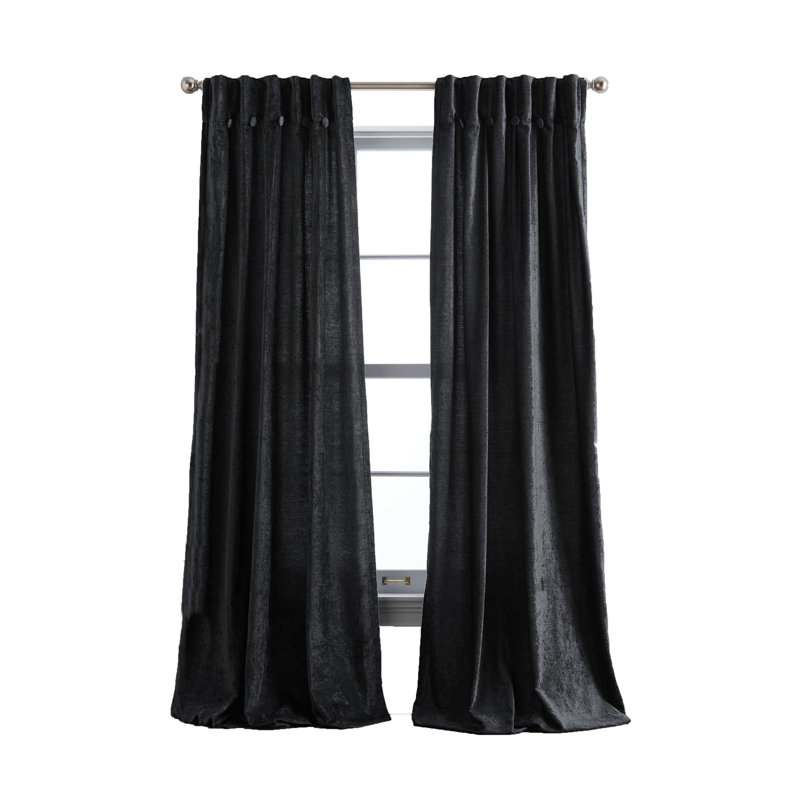 Black Polyester Room-Darkening Pleated 84" Window Curtains