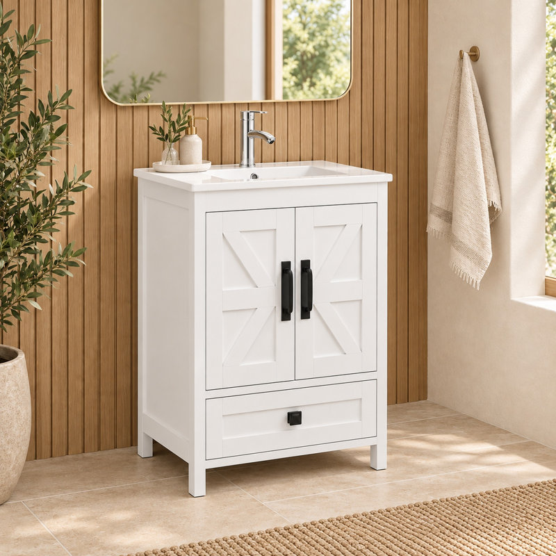 Ensemble de vanité de 61 cm (24 po) avec lavabo encastré et robinet, espace de rangement dissimulé - Blanc, Blanc, 24"
