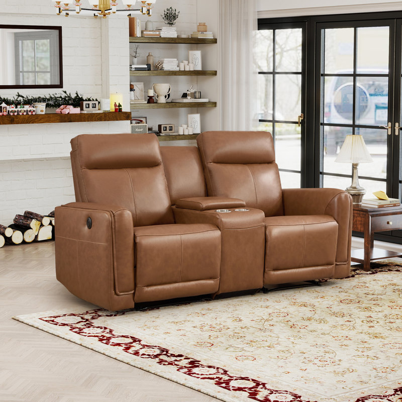 73" W Classic Top-Grain Leather Power Reclining Loveseat With USB & Type-C, Dual Cup Holders & Storage, Caramel Brown