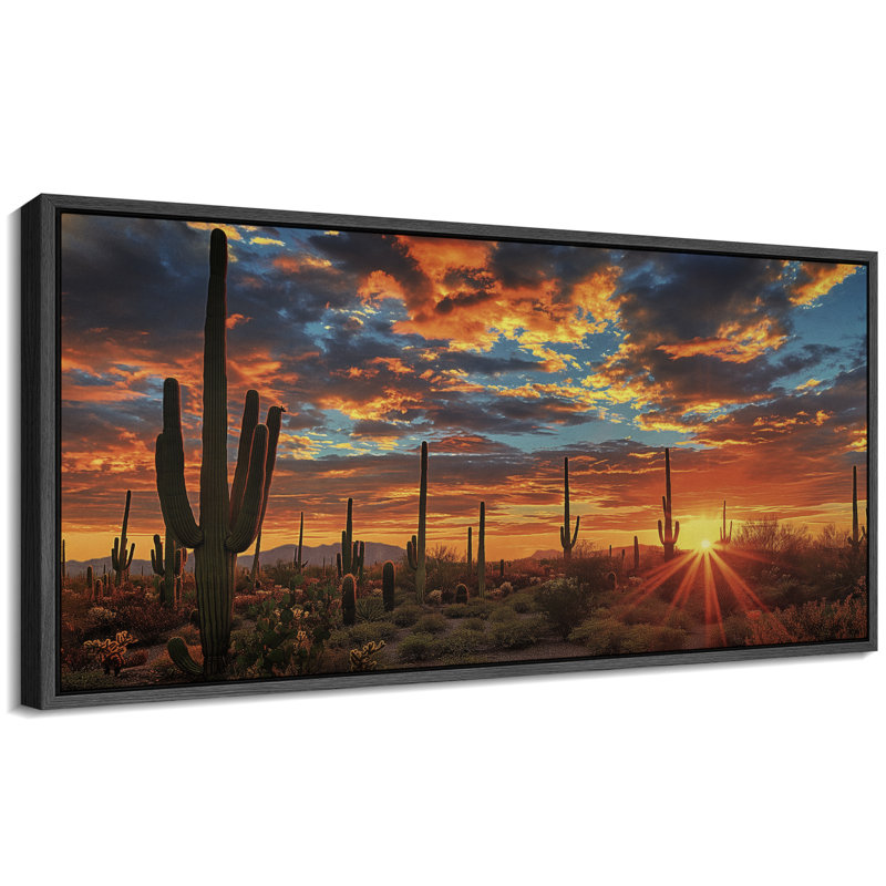 Coucher de soleil dans le désert avec des cactus, art moderne, H 30 po x l 60 po, Noir, noir, noir, noir