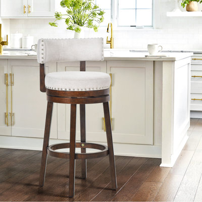 Upholstered Swivel Counter & Bar Stool, 360° Rotating Kitchen Island Chair with Solid Wood Frame, Padded Seat & Back, Nailhead Trim