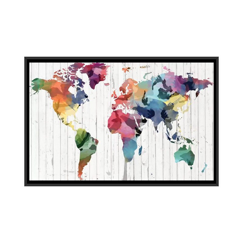 Carte du monde en aquarelle, impression sur toile tendue, H 18 po x l 26 po x P 1,5 po, Toile avec cadre noir, Pas de tapis