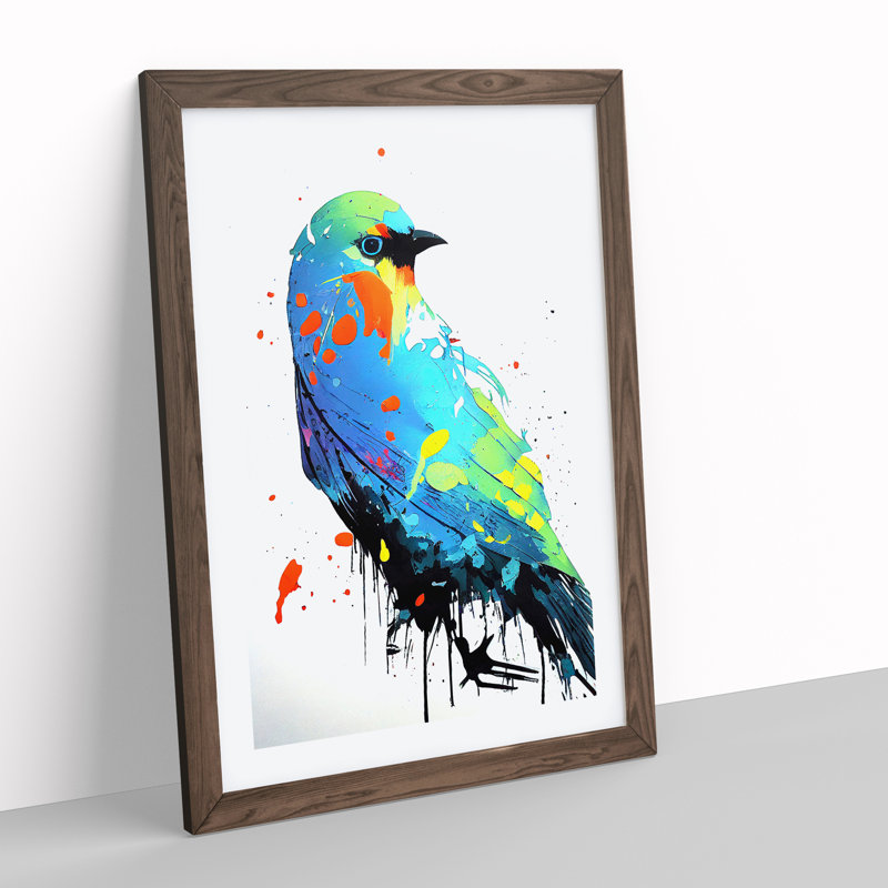 Dripping Paint Bird No.5 Abstract - Single Picture Frame Painting, 64cm H x 46cm W x 2cm D, Walnut